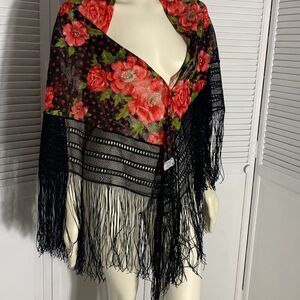 Vintage Black Rose Floral Fringe Piano Scarf Japan
